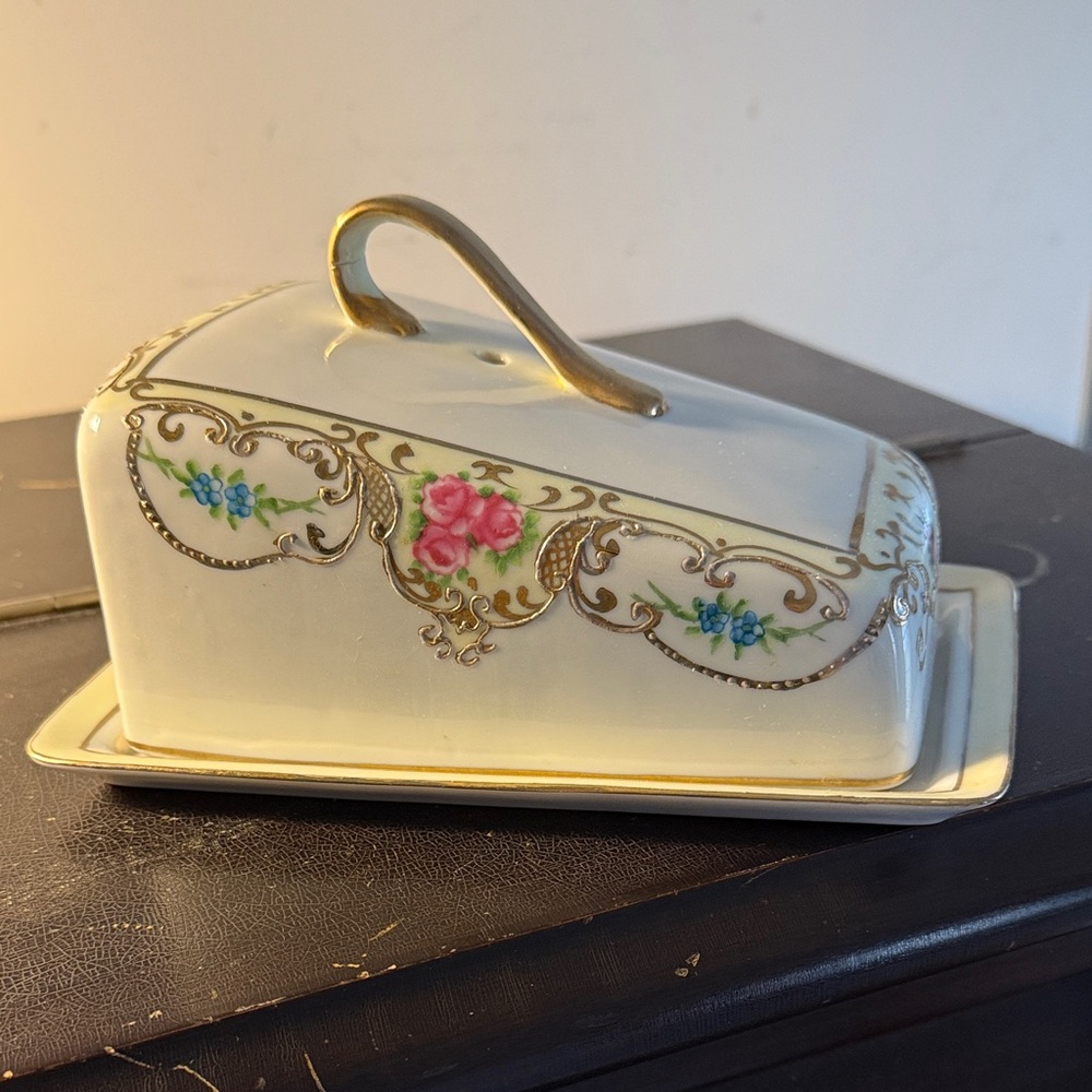 Elegant Floral Porcelain Cheese Dish with Handpainted Gold Accents